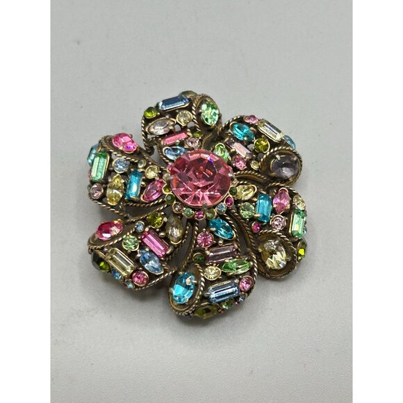 Vtg Hollycraft Pin Brooch Flower Glowing Green Stones Pink Pastels Rhinestones - Picture 2 of 8